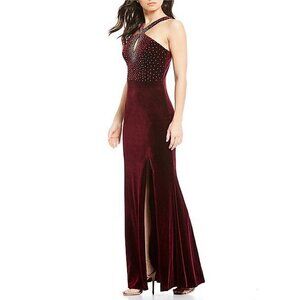 City Vibe Size 1 Red Velvet Sleeveless Embellished Dress Long Gown Slit Prom